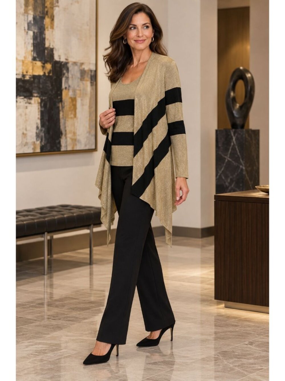 Joseph Ribkoff Twin Set Size 8 Gold Black Metallic Tank Waterfall Cardigan 2PC